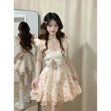 Sweet Little Fresh Bow Flower Dress Women Summer Slimming Splicing A Short