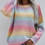 Rainbow Striped Knitwear Sweater Crew Neck Casual Women Pullovers Sweaters Female Long Sleeve Colourful Jumper Top Winter
