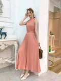 New Autumn And Winter Style Dress In Dongmen, South Korea, Round Collar, Sleeveless Lace-Up, Waist, Thin, Pleated Skirt, A-Shaped Skirt.-Outfit