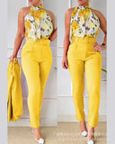 Print Tank Top & High Waist Pants Set With Belt Women Flower Two Piece Set Halter Bow Crop Top Harem Trousers Summer-Outfit