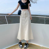 Toloer 2024 New Vintage High-Waisted Denim Skirt Female Medium Long A-Line Hip Fishtail Skirt-Outfit