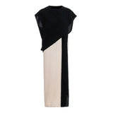 Women Contrast Color Asymmetrical Ruffles Sashes Dress Round Neck Short Sleeve Loose Fashion Spring Summer 2023