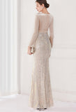 Winter Elegant Velvet With Sequins Deep V Neck Long Sleeve Slit Cocktail Eevening
