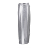 Toloer Women's Spring 2023 New Temperament Fashion High Waist Open Slit Show Thin Hip Skirt PU Leather Long Skirt-Outfit