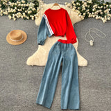 Denim Set Female Retro Casual Color Long-Sleeved Sweater Denim Spliced Broad Leg Pants Two