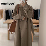Aachoae Women Elegant Office Long Wool Coat With Belt Long Sleeve Double Breasted Coat Overcoat Female Chic Outerwear