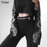 2023 Autumn Crop Sweatshirt Dragon Print Long Sleeve Korean Fashion Pullover Black Casual Gothic Streetwear