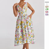 Summer New Temperament V-Neck Collar Waistless Sleeveless Dress Crumumped Holiday Dress Long