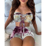 Women's Wear 2023 Summer Fashion Tie-Dye Printed Sexual Lace Shorts Suit-Outfit