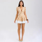 Women's Clothing Sexy Hot Babes Dress Deep V Print Waist Fluffy Mini-Skirt Short