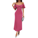 New Women's Temperament Solid Color Peach Heart Temperament Short-Sleeved Long Dress Dress