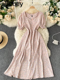 Boho Women Floral Printed dress V neck Puff-Sleeve dresses summer Ruffles beach midi