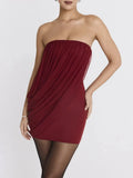 Burgundy Strapless Draped Mini Dress-Outfit