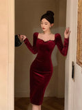 Autumn Winter Dresses Women Elegant Sexy Square Collar Slim Long Sleeve Vintage Velvet Dress Female French Style Chic-Outfit