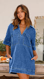 Toloer New Soft Denim Lapel Short Sleeve Loose Denim