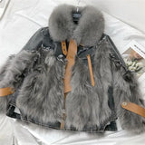 2022 New Faux Fox Fur Stitching Tassel Removable Liner Parkas Winter Harajuku Asymmetric Denim Jacket Y2k Streetwear
