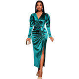 V-Neck Bubble Sleeve Dress Button Folds Waist Open Fork Party Dress