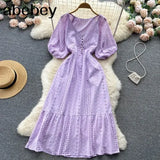 Summer White/Green/Pink New Lace Embroidery Dress Women Puff Sleeve Dresses Female Vintage Party Beach Maxi Long