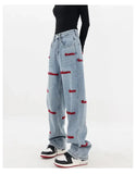 and autumn plus size women embroidered straight jeans loose slim high waist floor mopping wide leg pants baggy jeans-Outfit