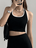 Contrast Trim Cropped Halter Tank Top-Outfit