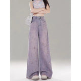 Purple High-Waisted Broad-Legged Jeans Women's New Broken Hole Hair Fall Trousers In Summer