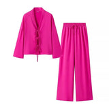 And Summer Women's Solid Color Tie Shirt Broad Leg Trousers Set Casual Two