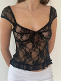 Retro Women Y2K Fairy Lace T-shirts Crop Top Mesh See-Through Slim Fit Tops Deep V-neck Backless Tees Streetwear 2023-Outfit