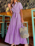 Toloer Spot 2024 New Fashion Stripe Short Sleeves Loose Medium And Long Dress-Outfit