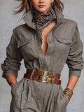 Women's Long Sleeve Shirt Collar Pocket Jumpsuits
