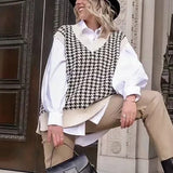 PUWD Sweet Women Houndstooth Knitted Waistcoats Autumn-Spring Fashion Ladies Vintage Loose Cute Vest Chic Girls