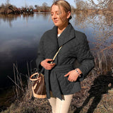 Simplee Long straight winter coat with rhombus pattern Casual sashes women parkas Deep pockets tailored collar stylish