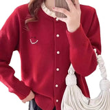 Round-Necked Pearl Sweater Women's European Station Europe 2024 New Spring Cardigan Sweet Gentle Wind Sweater-Outfit