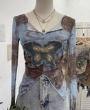 Shooting Pure Sexful V-Neck Umbilly T-Shirt Female Hairy Denim Butterfly Embroidered Mesh Yarn Long Sleeve Top