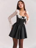 Black Lace Flare Long Sleeve Mini Dress-Outfit
