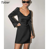 Sexy Black Short Dresses Womens Satin 2023 Spring High Waist Slim Dress Asymmetrical Collar Flare Sleeve A-Line Party