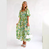 Women's Hot Dress 2026 Summer Temperament Square Collar Print Bubble Sleeve Long Dress