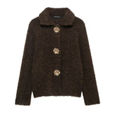 Women's Autumn And Winter New Fashion Flower-Shaped Buckle Knitted Sweater Cardigan