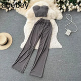 Women Solid Sexy Two Pieces Sets Summer Strapless Slim Camisole + Wide Leg Long Pants Sets Streetwear Two Piece