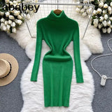 Sheath Women Dress Fashion Turtleneck Long Sleeve A Line Bodycon Dress Female Solid Streetwear Knitted