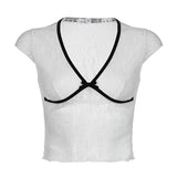 / Summer 2024 Girl Wind Lace Stitching Sexy Short-Sleeved T-Shirt Women's French V-Neck Bow Crop New Top-Outfit