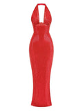 Halter Deep V Neck Sequin Maxi Dress-Outfit