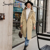 Simplee Causal light tan autumn women trench coat Split joint elegant long sleeve coat Plaid long coat with belt