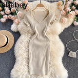 Women Slim Knitted Dress V Neck Short Sleeve Elastic Sheath Dresses 2022 Summer Sexy Bodycon Streetwear Short