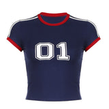 Toloer Style Digital Print Contrast Color Short-Sleeved T-Shirt Female Retro Round Collar Casual Versatile Crop Top-Outfit