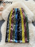 Glitter Sequined Striped Skirts Women High Waist Split Hem Skirt Fashion Ladies Color Matching Party Club Mid Calf