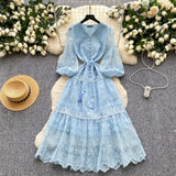 High-End Elegant Dress Female Senior Sense Strap To The Waist Lantern Sleeve Embroidered Mesh A Word Over Knee