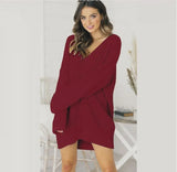 Toloer Sweater Wish Lady Loose V-Neck Medium Long Dress Knitted