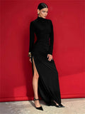 Turtleneck Long Sleeve Draped Slit Maxi Dress-Outfit