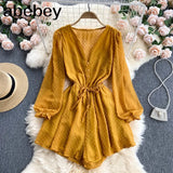 Women Dot Chiffon Rompers Long Sleeve V Neck Casual Loose Overalls Jumpsuits Summer Korean Wide Leg Beach