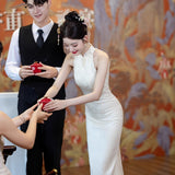 Chinese Champagne-Colored Engagement Cheongsam Toast Bridal Fishtail Dress Beautiful Registration Certificate Wedding